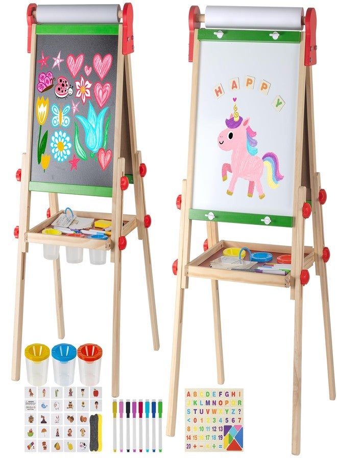 حامل رسم للأطفال مع لفة ورق للأطفال الصغار، لوحة رسم مغناطيسية قابلة للتعديل على الوجهين، سبورة بيضاء وسبورة طباشيرية قابلة للمسح الجاف، حامل رسم للأطفال الصغار من عمر سنتين إلى أربع سنوات، حامل رسم خشبي للأطفال من عمر أربع إلى ثماني سنوات - Image 1